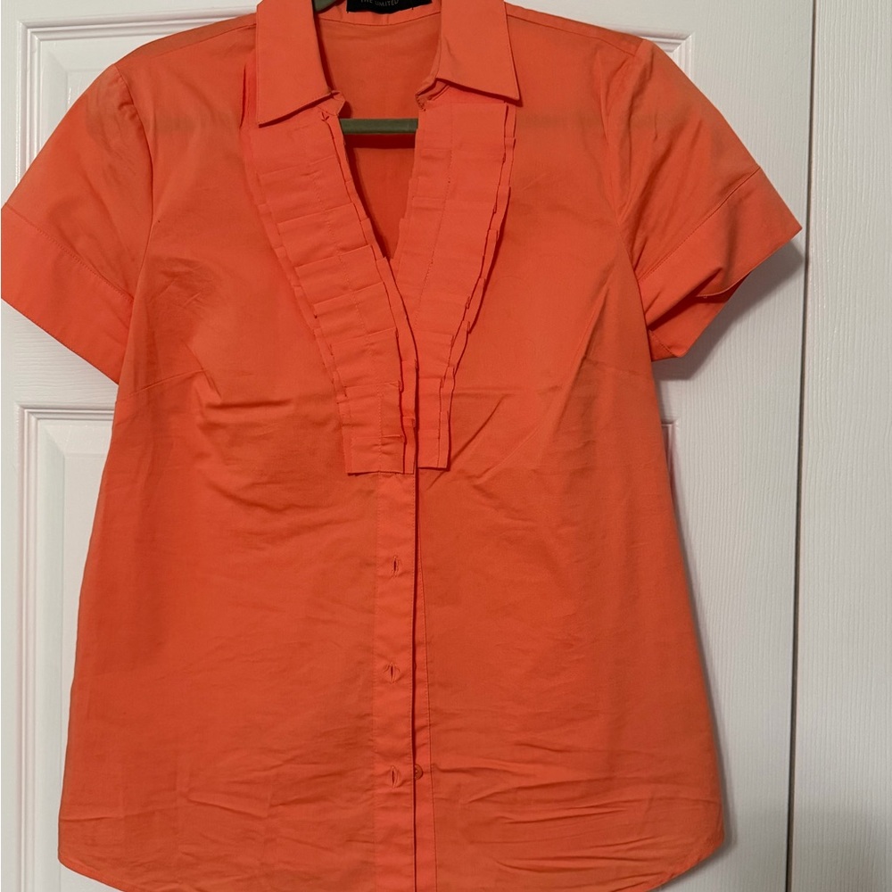The Limited Orange Short-Sleeve Ruffle Placket Button-Down Shirt